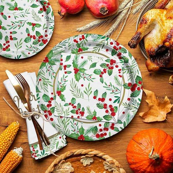 Christmas Party Supplies, Serve 50, Christmas Seasonal Holly Tableware Includes: Paper Dinner Plates, Dessert Plates, Luncheon Napkins and Beverage napkins, Great for Party Decorations - Image 7