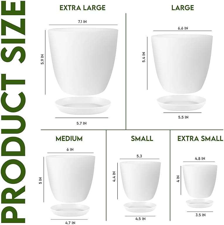 Utopia Home Plant Pots Indoor with Drainage Holes – Set of 5 White Plastic Flower Pots (7/6.6/6/5.3/4.8 Inch) – Modern Planters for Indoor Plants, Room & Office Décor, Great Stocking Stuffers - Image 3