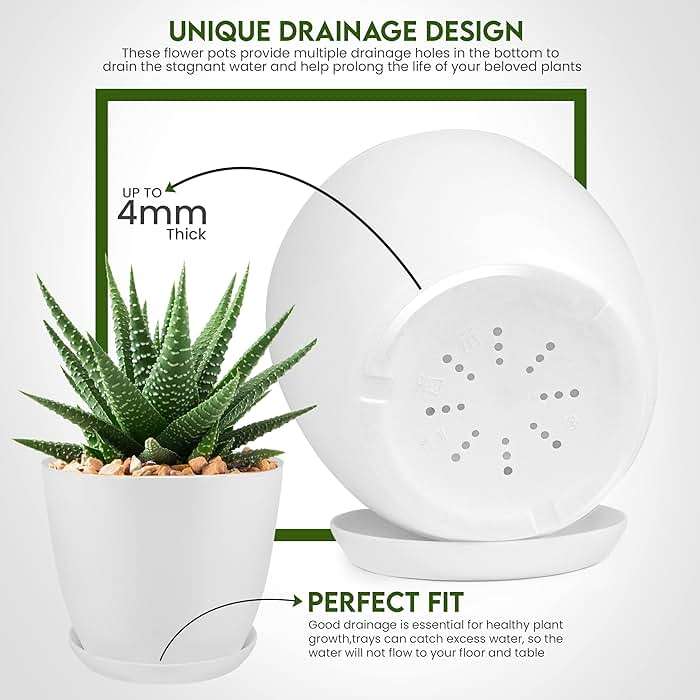 Utopia Home Plant Pots Indoor with Drainage Holes – Set of 5 White Plastic Flower Pots (7/6.6/6/5.3/4.8 Inch) – Modern Planters for Indoor Plants, Room & Office Décor, Great Stocking Stuffers - Image 4