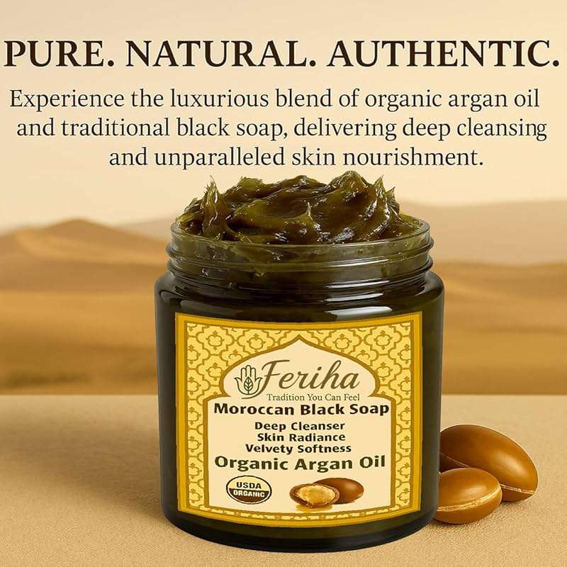 FERIHA Organic Moroccan Black Soap (Argan Oil) - Made in Morocco - 7 oz - Image 2