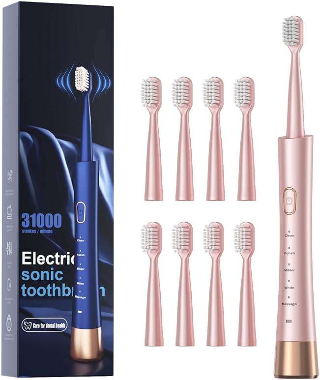 AJELU Sonic Electric Toothbrush for Adults, USB Rechargeable Sonic Toothbrush with 8 Brush Heads, Smart Timer, 5 Modes, 2-Hour Fast Charge Last 30 Days, Pink - Image 1