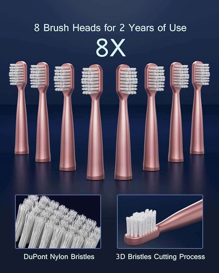 AJELU Sonic Electric Toothbrush for Adults, USB Rechargeable Sonic Toothbrush with 8 Brush Heads, Smart Timer, 5 Modes, 2-Hour Fast Charge Last 30 Days, Pink - Image 6