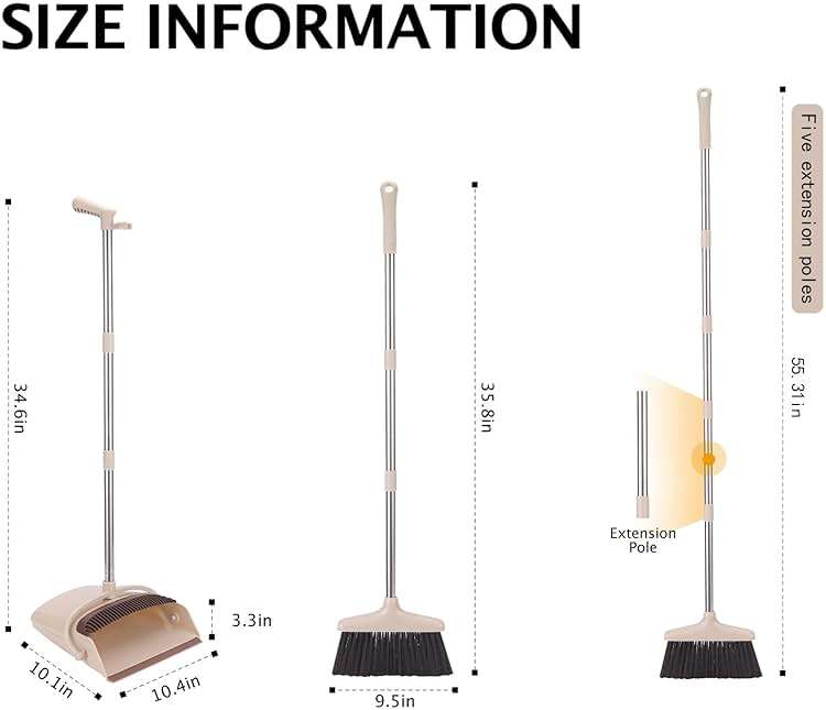 XXFLOWER Broom and Dustpan Set with Long Handle, Light Weight Stainless Steel Poles Stand Upright Dustpans with Broom Combo for Home Kitchen Office Pet Dog Hair, Brown & Beige Color, 1-Pack - Image 2
