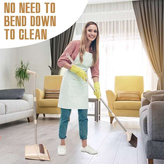 XXFLOWER Broom and Dustpan Set with Long Handle, Light Weight Stainless Steel Poles Stand Upright Dustpans with Broom Combo for Home Kitchen Office Pet Dog Hair, Brown & Beige Color, 1-Pack - Image 3