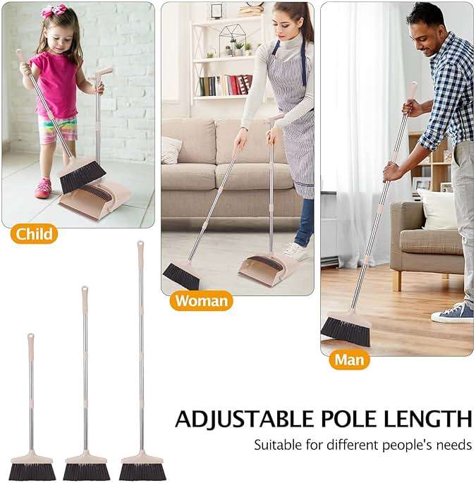 XXFLOWER Broom and Dustpan Set with Long Handle, Light Weight Stainless Steel Poles Stand Upright Dustpans with Broom Combo for Home Kitchen Office Pet Dog Hair, Brown & Beige Color, 1-Pack - Image 4