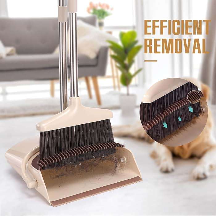 XXFLOWER Broom and Dustpan Set with Long Handle, Light Weight Stainless Steel Poles Stand Upright Dustpans with Broom Combo for Home Kitchen Office Pet Dog Hair, Brown & Beige Color, 1-Pack - Image 5