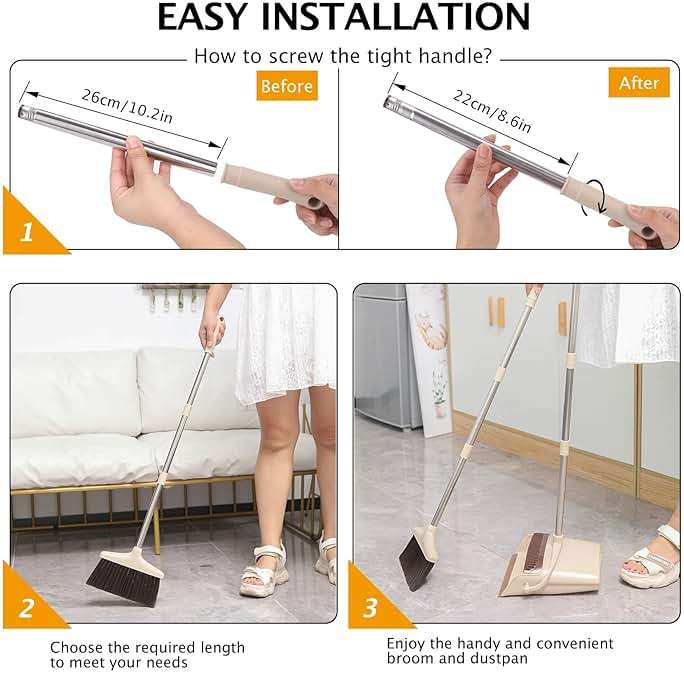 XXFLOWER Broom and Dustpan Set with Long Handle, Light Weight Stainless Steel Poles Stand Upright Dustpans with Broom Combo for Home Kitchen Office Pet Dog Hair, Brown & Beige Color, 1-Pack - Image 6