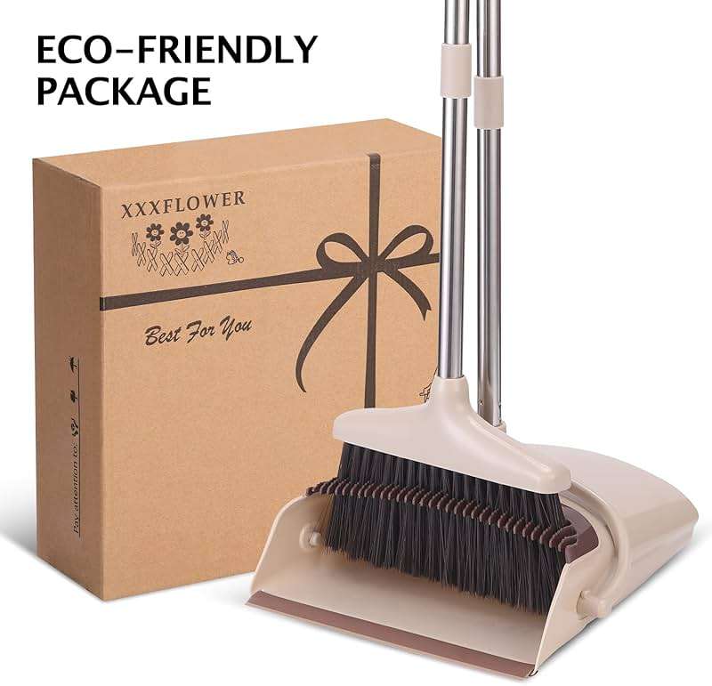 XXFLOWER Broom and Dustpan Set with Long Handle, Light Weight Stainless Steel Poles Stand Upright Dustpans with Broom Combo for Home Kitchen Office Pet Dog Hair, Brown & Beige Color, 1-Pack - Image 8