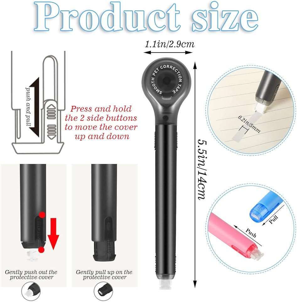 BESARME 6 Pieces Correction Tape Pen, Push Pull Protective, Easy to Use Applicator for Instant School Office Supplies, 1/5 X 236 Inch - Image 3