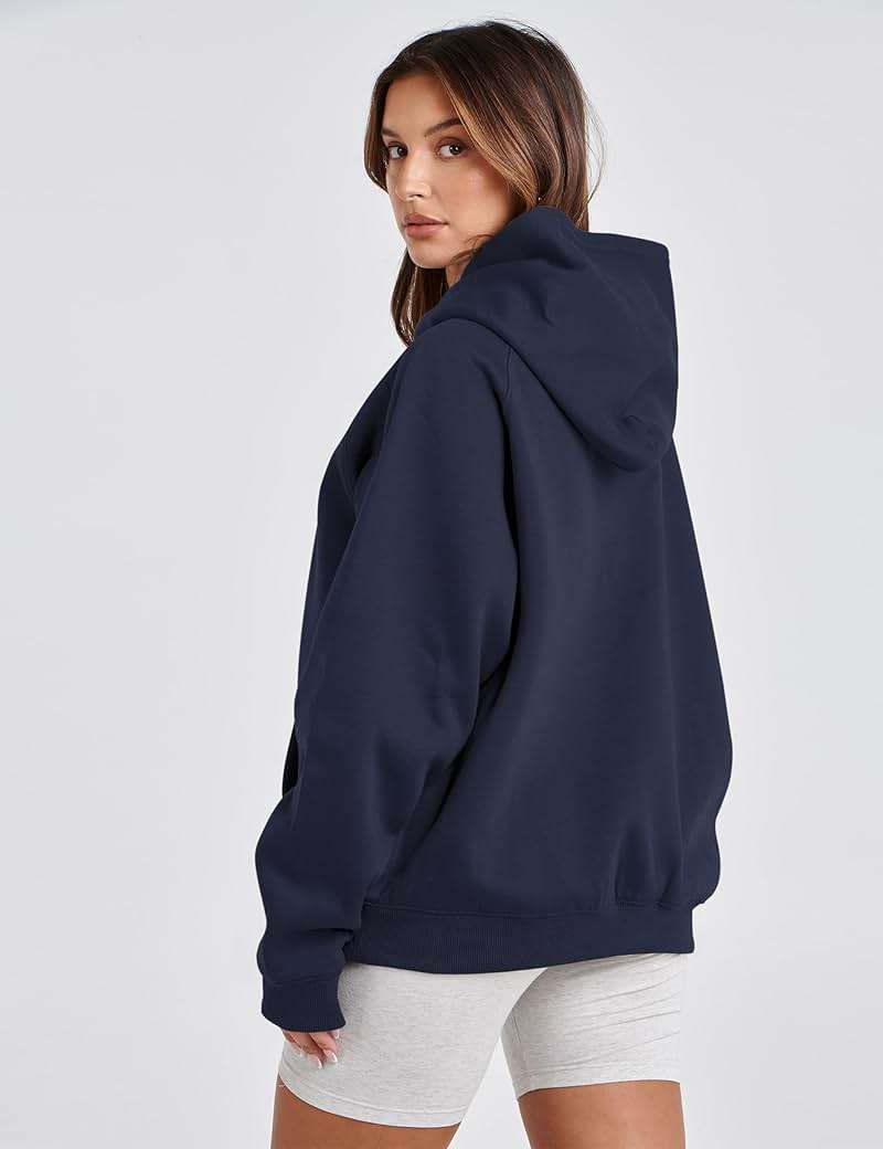 Lauweion Women Solid Basic Fleece Letter Loose Hoodie Sweatshirt Long Sleeve Kangaroo Pocket Drop Shoulder Pullovers Top - Image 5