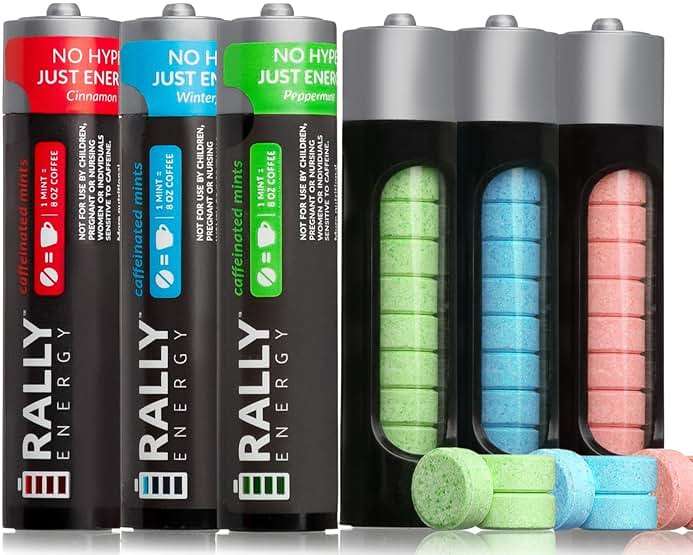 Caffeine Mints by Rally, 60 Milligram, Instant Energy, Fresh Breath, Caffeinated, 0 Sugar, Natural Peppermint, Cinnamon, Wintergreen Variety Pack (6 Packs, 60 Mints) - Image 1