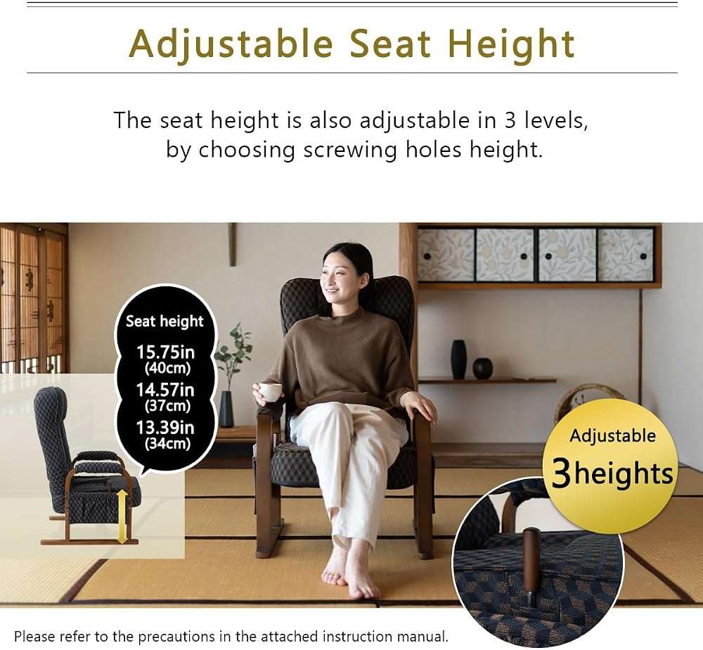 EMOOR Tatami Chair Japanese-Style Chair RYOKAN (Brown), Wooden Armrest & Sled Base Recliner Living Room Hight-Adjustable Upholstered Single Futon Sofa - Image 5