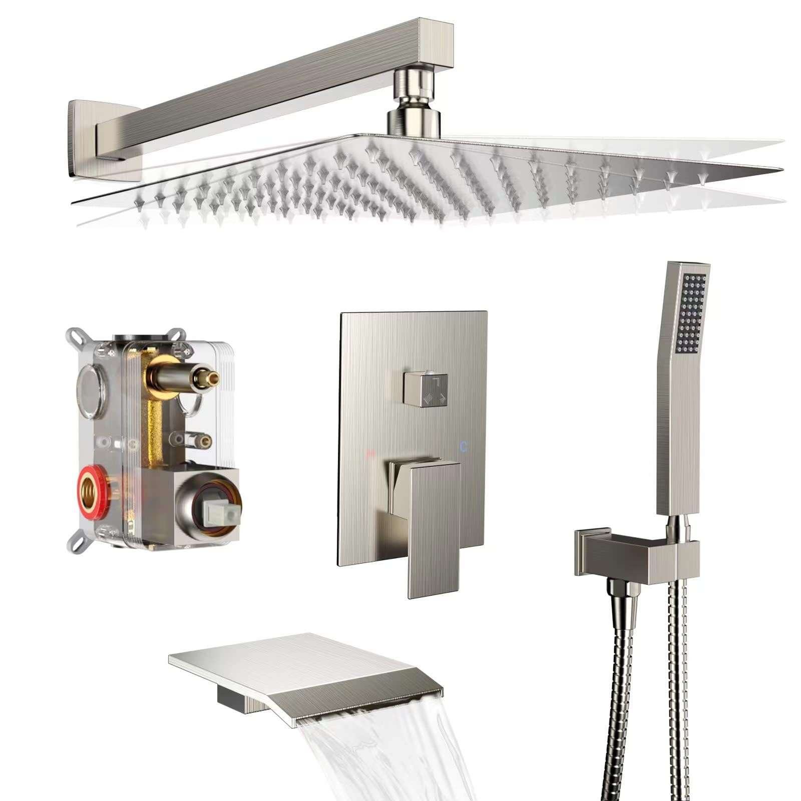Shower System Rain Shower Faucet Set with Tub Spout,10 inch Bathroom Wall Mounted Waterfall Bathtub Faucet with Handheld Spray and Rough-in Valve Body and Trim kit,Brushed Nickel - Image 1