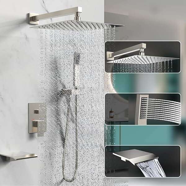 Shower System Rain Shower Faucet Set with Tub Spout,10 inch Bathroom Wall Mounted Waterfall Bathtub Faucet with Handheld Spray and Rough-in Valve Body and Trim kit,Brushed Nickel - Image 3