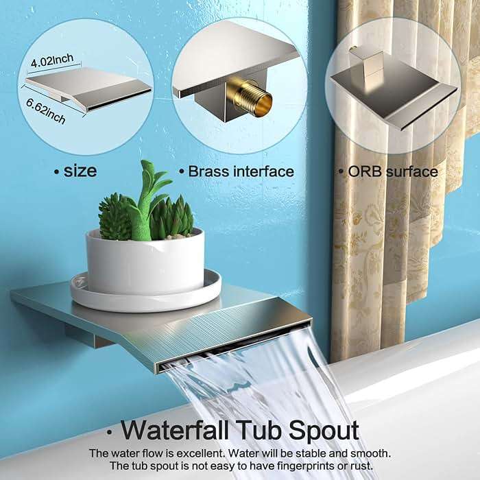 Shower System Rain Shower Faucet Set with Tub Spout,10 inch Bathroom Wall Mounted Waterfall Bathtub Faucet with Handheld Spray and Rough-in Valve Body and Trim kit,Brushed Nickel - Image 5