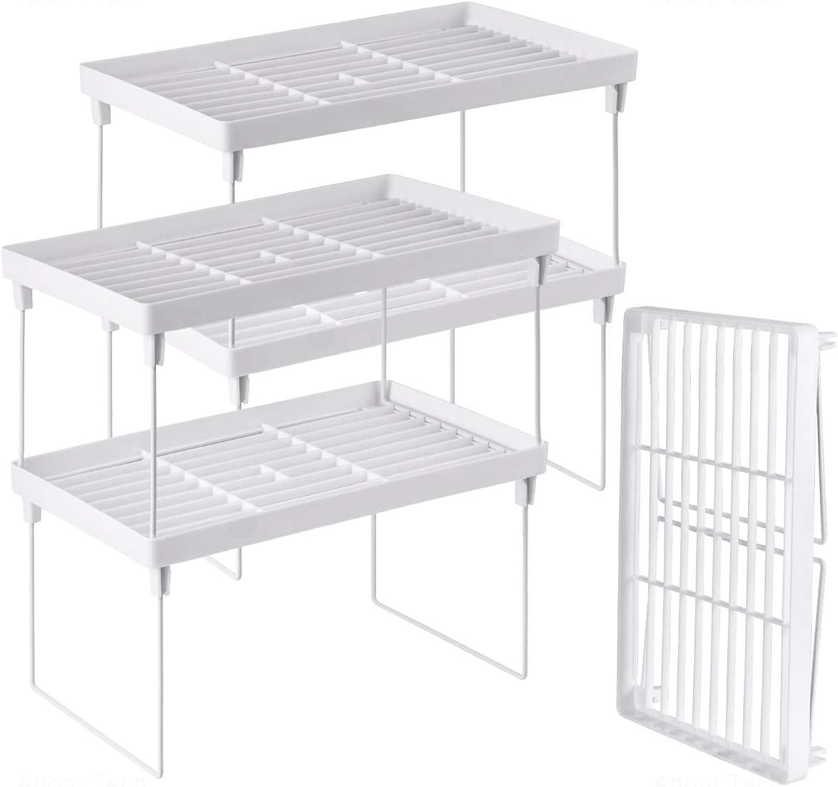 NiHome 4-Pack Stackable Plastic Kitchen Storage Shelf Foldable Rack - White Kitchen Cabinet Organizer and Storage Shelves Stackable Expandable Storage Racks for Counter Cabinet Pantry - Image 1