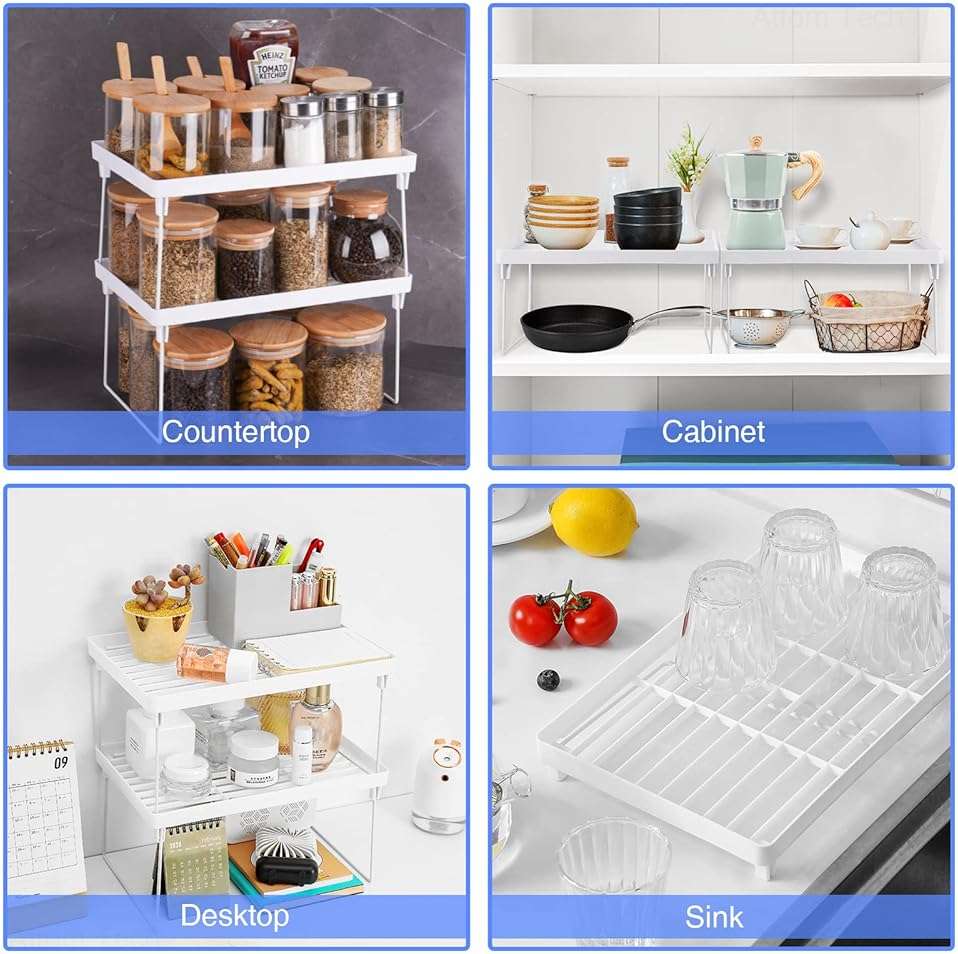 NiHome 4-Pack Stackable Plastic Kitchen Storage Shelf Foldable Rack - White Kitchen Cabinet Organizer and Storage Shelves Stackable Expandable Storage Racks for Counter Cabinet Pantry - Image 3