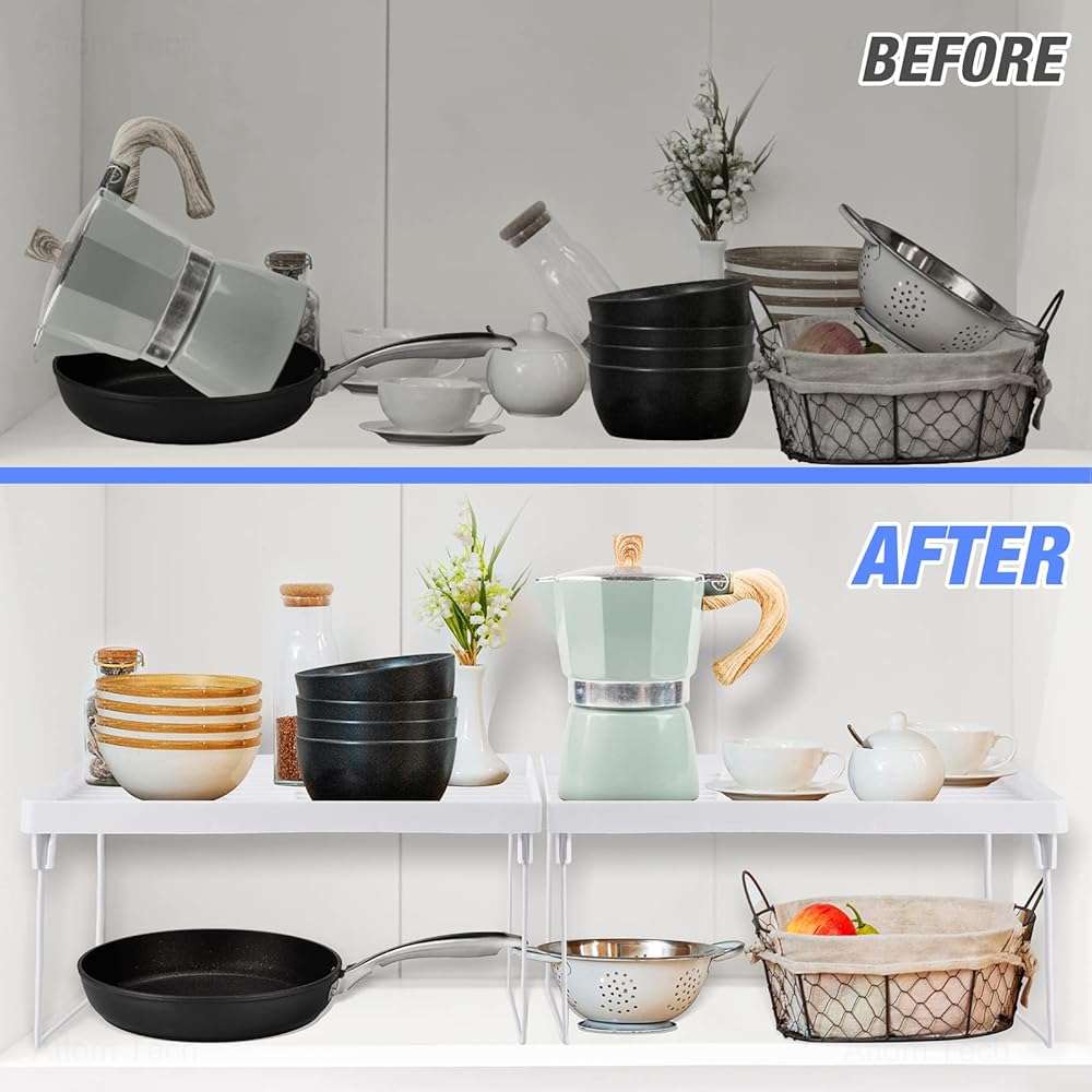 NiHome 4-Pack Stackable Plastic Kitchen Storage Shelf Foldable Rack - White Kitchen Cabinet Organizer and Storage Shelves Stackable Expandable Storage Racks for Counter Cabinet Pantry - Image 4