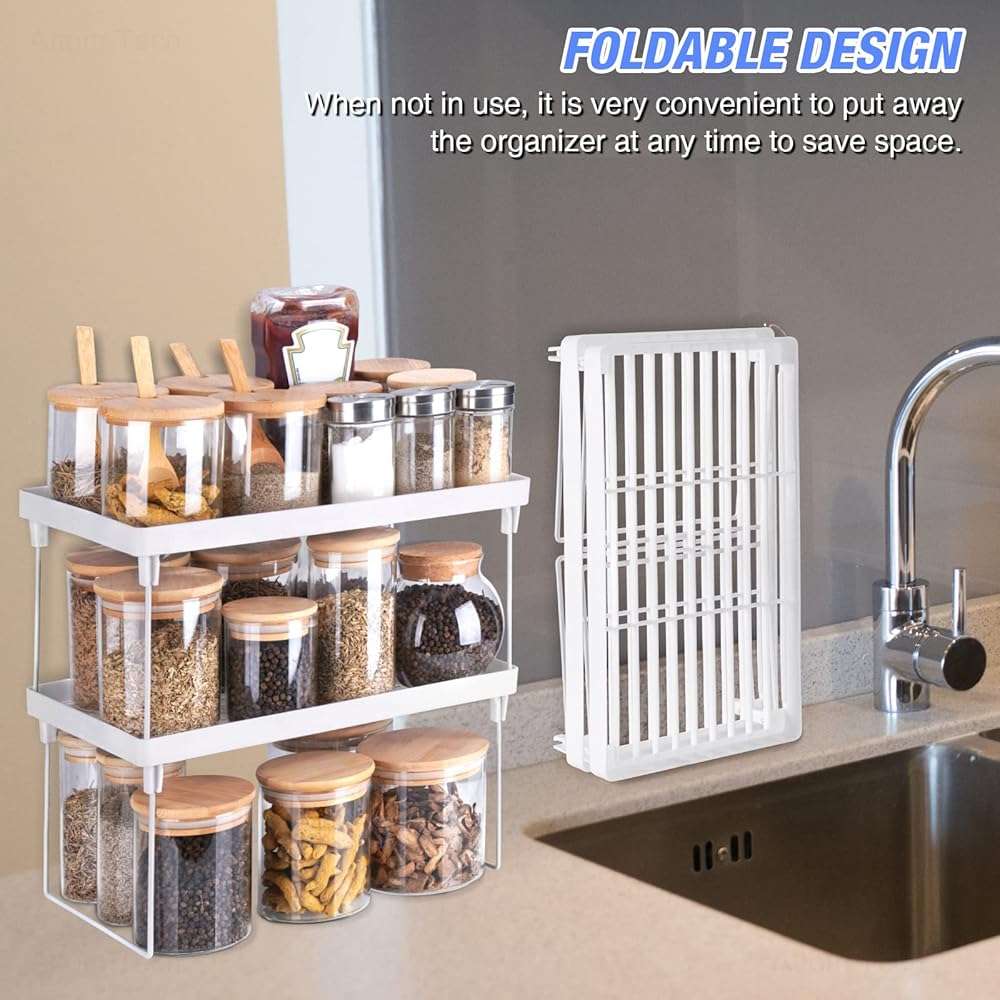 NiHome 4-Pack Stackable Plastic Kitchen Storage Shelf Foldable Rack - White Kitchen Cabinet Organizer and Storage Shelves Stackable Expandable Storage Racks for Counter Cabinet Pantry - Image 7