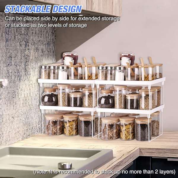 NiHome 4-Pack Stackable Plastic Kitchen Storage Shelf Foldable Rack - White Kitchen Cabinet Organizer and Storage Shelves Stackable Expandable Storage Racks for Counter Cabinet Pantry - Image 8