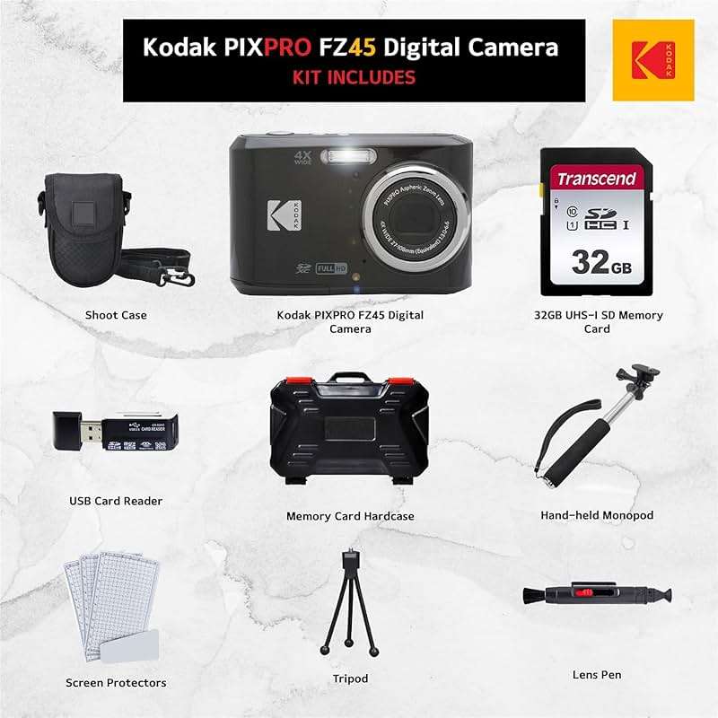 Kodak PIXPRO FZ45 Digital Camera, 32GB Memory Card, Point and Shoot Camera Case, Extendable Monopod, Lens Cleaning Pen, LCD Screen Protectors, Table Top Tripod â€“ Ultimate Bundle (Black) - Image 2