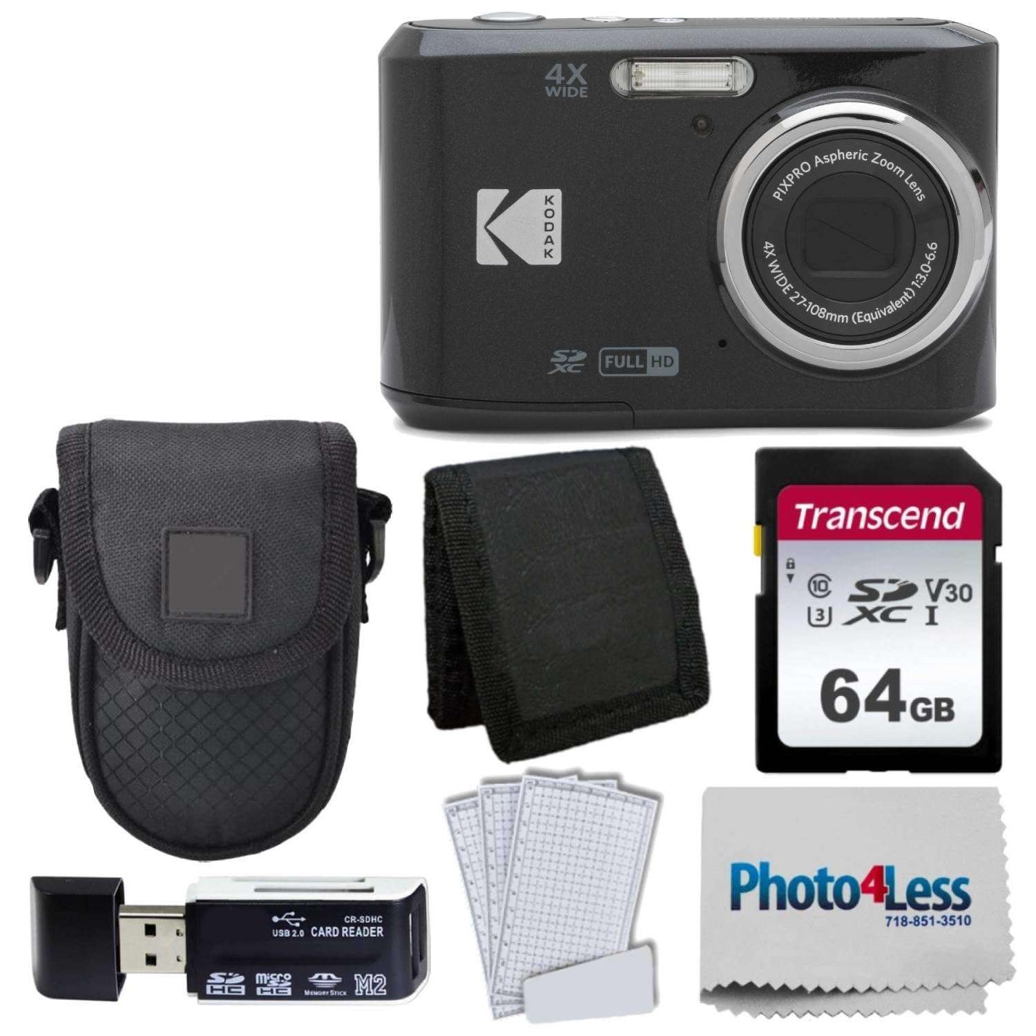 Kodak PIXPRO FZ45 Digital Camera Bundle with Black Point & Shoot Camera Case + Transcend 64GB SD Memory Card + Tri-fold Memory Card Wallet + Hi-Speed SD USB Card Reader + More (Black) - Image 1