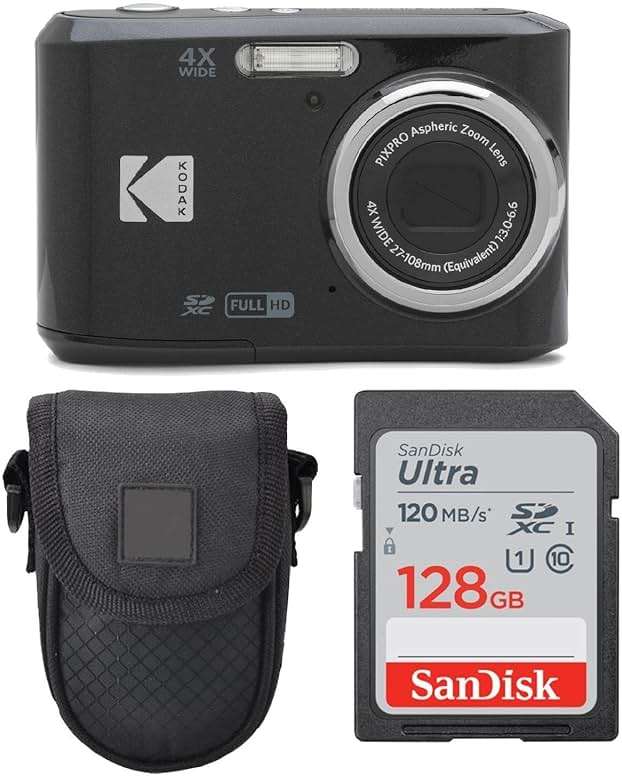 Kodak PIXPRO FZ45 Digital Camera (Black), Point & Shoot Camera Case, Sandisk 128GB SDXC Memory Card - Image 1