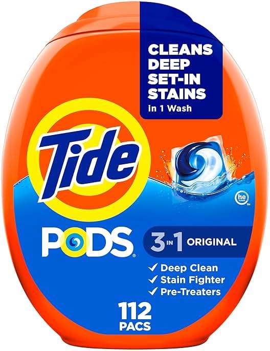 Tide PODS laundry detergent pacs, 3-in-1 Stain Remover, Odor Fighter, Color Protector, 112 Count, HE compatible, Original Scent - Image 1