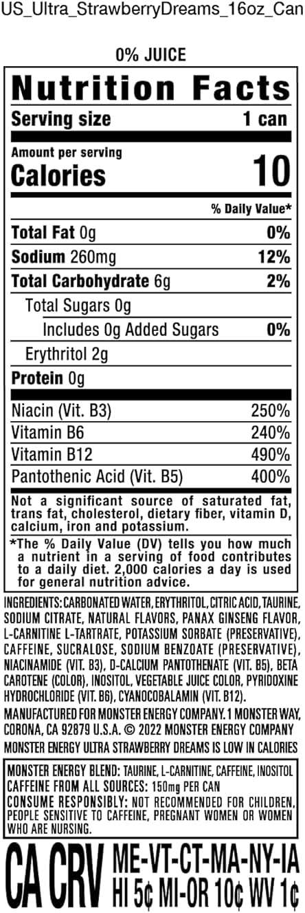 Monster Energy Ultra Strawberry Dreams, Sugar Free Energy Drink, 16oz - Image 2