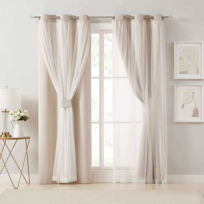Bujasso Beige 90% Blackout Curtains with Sheer Overlay Mix and Match Double Layer Thermal Insulated Window Panels 84 inch for Living Room Bedroom Beige Drapes with Tiebacks Grommet Top 37" Wx84 Lx2 - Image 7