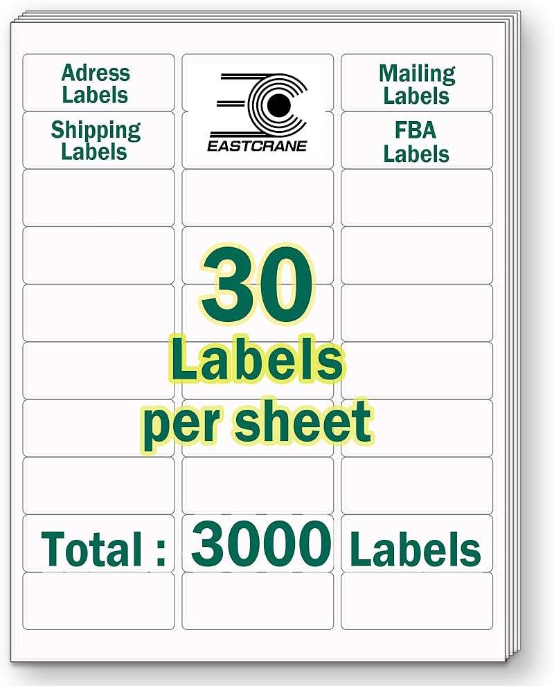 EastCrane 1" x 2-5/8" Printable Mailing Address Labels,3,000 Sticker Labels(100 Sheets),White Blank Labels for Laser/Inkjet Printer,Permanent Adhesive Name Labels,FBA Labels - Image 1