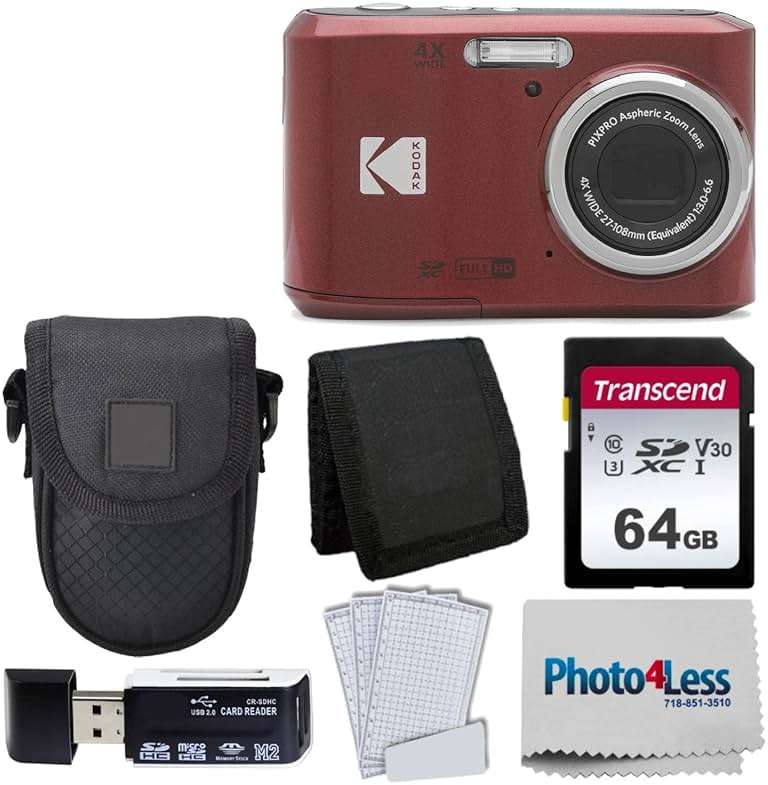 Kodak PIXPRO FZ45 Digital Camera + Black Point & Shoot Camera Case + Transcend 64GB SD Memory Card + Tri-fold Memory Card Wallet + Hi-Speed SD USB Card Reader + More! (Red) - Image 1