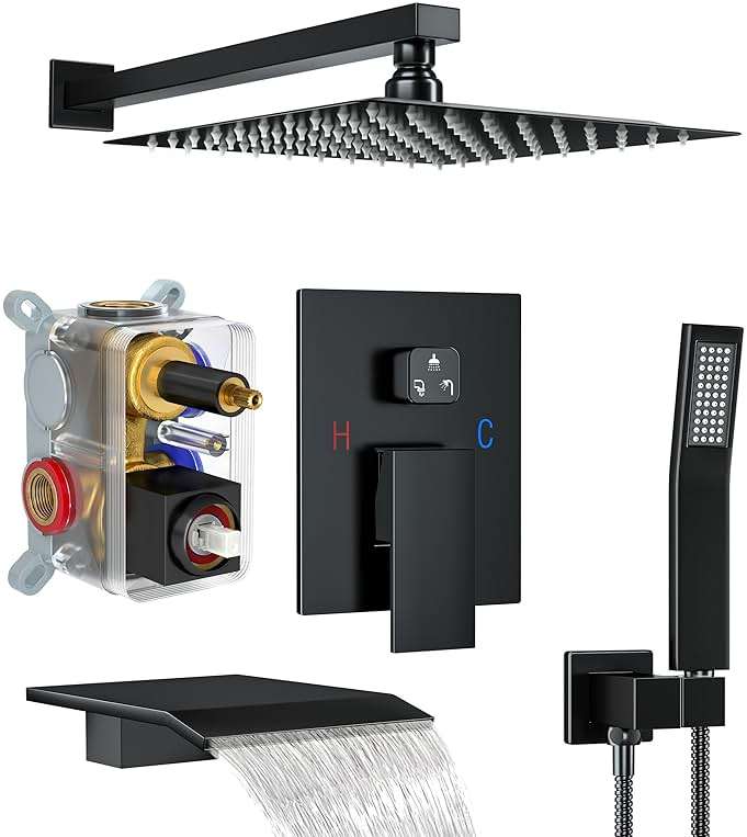 Fatspas Shower System with Tub Spout, 10-Inch High-Pressure Rain Showerhead and Handheld Combo, Matte Black Shower Faucet Set with Rough-in Valve and Trim, Wall Mounted 3-Way Shower Set - Image 1