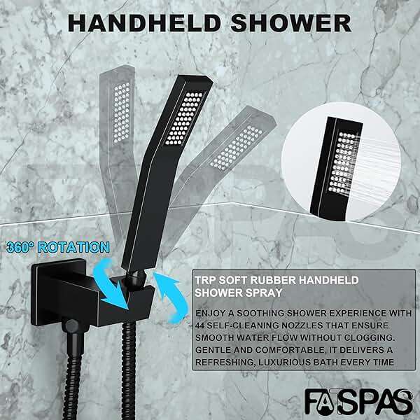 Fatspas Shower System with Tub Spout, 10-Inch High-Pressure Rain Showerhead and Handheld Combo, Matte Black Shower Faucet Set with Rough-in Valve and Trim, Wall Mounted 3-Way Shower Set - Image 4