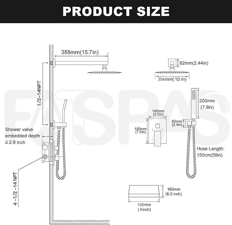 Fatspas Shower System with Tub Spout, 10-Inch High-Pressure Rain Showerhead and Handheld Combo, Matte Black Shower Faucet Set with Rough-in Valve and Trim, Wall Mounted 3-Way Shower Set - Image 6