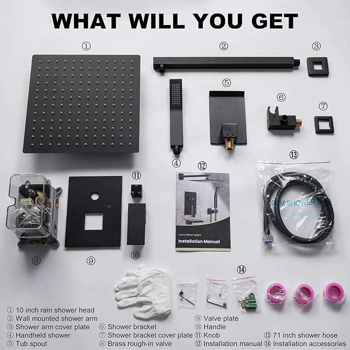 Fatspas Shower System with Tub Spout, 10-Inch High-Pressure Rain Showerhead and Handheld Combo, Matte Black Shower Faucet Set with Rough-in Valve and Trim, Wall Mounted 3-Way Shower Set - Image 7