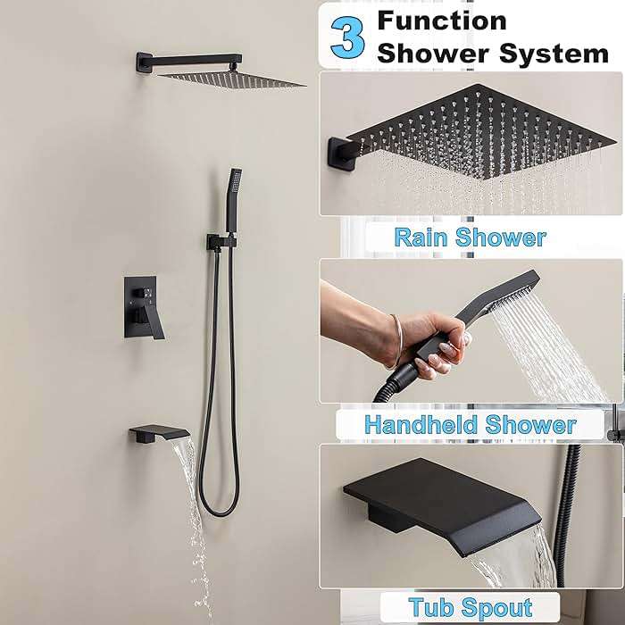 Fatspas Shower System with Tub Spout, 10-Inch High-Pressure Rain Showerhead and Handheld Combo, Matte Black Shower Faucet Set with Rough-in Valve and Trim, Wall Mounted 3-Way Shower Set - Image 8
