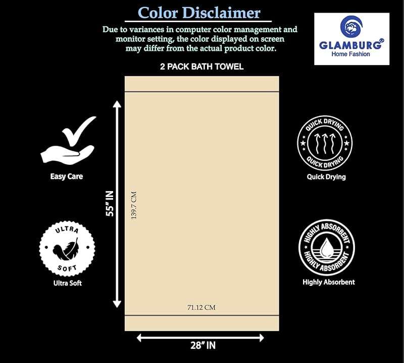 GLAMBURG 100% Cotton 2 Pack Oversized Bath Towel Set 28x55 Inches, Ultra Soft Highly Absorbant Compact Quickdry & Lightweight Large Bath Towels, Ideal for Gym Travel Camp Pool - Black - Image 8