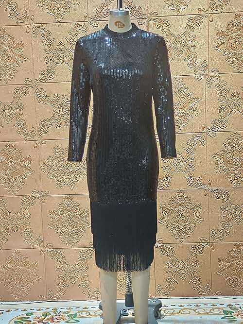 Cololura Elegant Women Sequin Short Sleeve Tassel Bodycon Midi Dress Party Evening Gown Formal Dress - Image 5