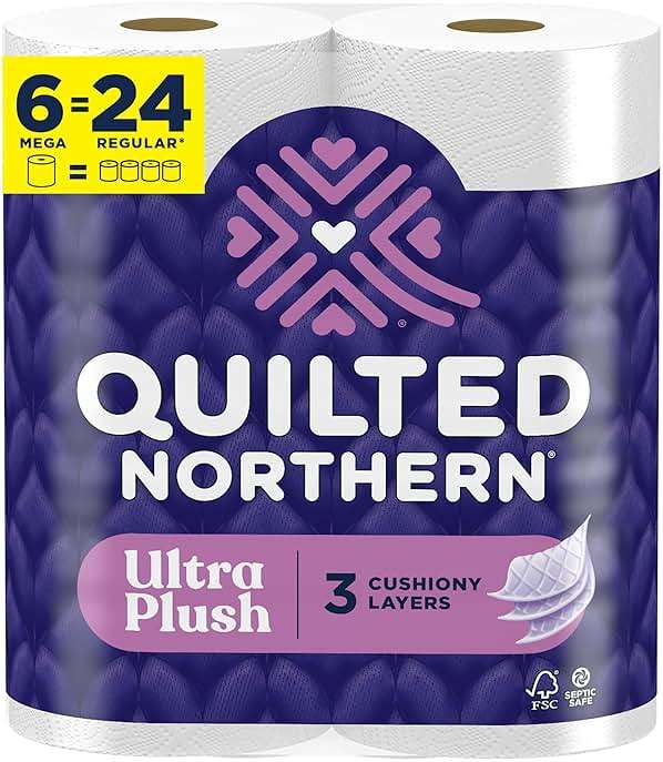 Quilted Northern Ultra Plush Toilet Paper, 6 Mega Rolls = 24 Regular Rolls, 3X Thicker*, 3 Ply Soft Toilet Tissue - Image 1