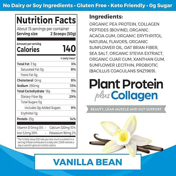 Orgain Protein Powder + Collagen, Vanilla Bean - 25g of Protein, 10g Collagen Peptides, Type I & III, 1B CFU Probiotics, Supports Hair, Skin, Nail, Joint & Gut Health, Gluten Free - 1.6lb - Image 2