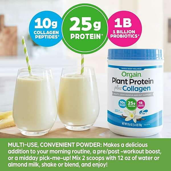 Orgain Protein Powder + Collagen, Vanilla Bean - 25g of Protein, 10g Collagen Peptides, Type I & III, 1B CFU Probiotics, Supports Hair, Skin, Nail, Joint & Gut Health, Gluten Free - 1.6lb - Image 4