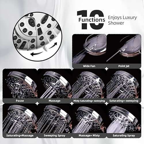BESAQUO Shower Head,10 Functions High Pressure shower head with handheld, Built-in Pause Mode & Power Wash, Non-Clogging Nozzles High Flow Hand Held Shower Head, Leakproof 6ft Hose&Adjustable Bracket - Image 4