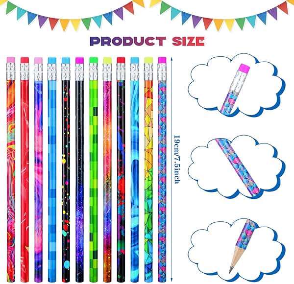 Chinco 300 Pieces Wooden Pencil with Eraser for Kids Assortment Colorful Fun Pencils Bulk with Eraser Kids Novelty Back to School Supplies for Classroom, Student Reward, Stationery Party Favors - Image 3