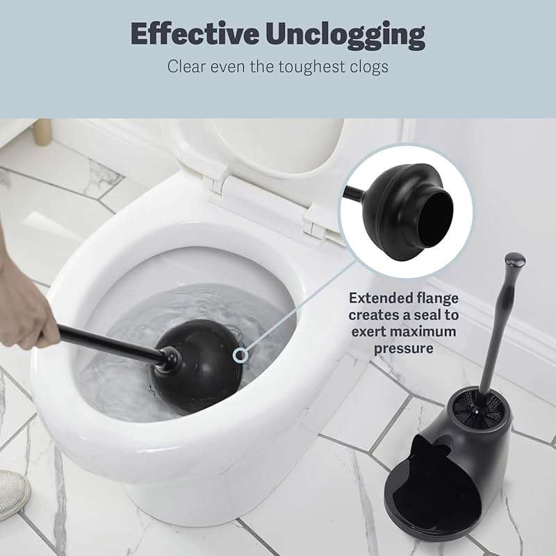 Casabella Bowl Brush & Plunger Combo - Heavy-Duty Toilet Plunger and Cleaning Brush, Ergonomic Handles, Durable Bowl Brush, Tackles Tough Clogs, Discreet Storage - Image 4