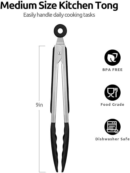 600ºF Heat Resistant Kitchen Tongs: U-Taste 9 inch Silicone Cooking Tong with Firm Sealed Non Stick Rubber Tips & Silicon Coated 18/8 Stainless Steel Handle & Smooth Locking for Serving Salad (Black) - Image 2