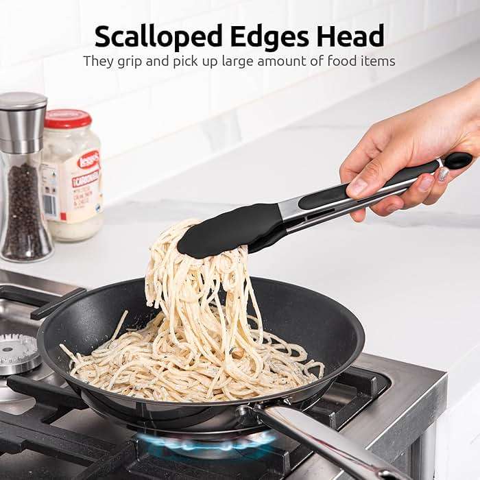 600ºF Heat Resistant Kitchen Tongs: U-Taste 9 inch Silicone Cooking Tong with Firm Sealed Non Stick Rubber Tips & Silicon Coated 18/8 Stainless Steel Handle & Smooth Locking for Serving Salad (Black) - Image 4