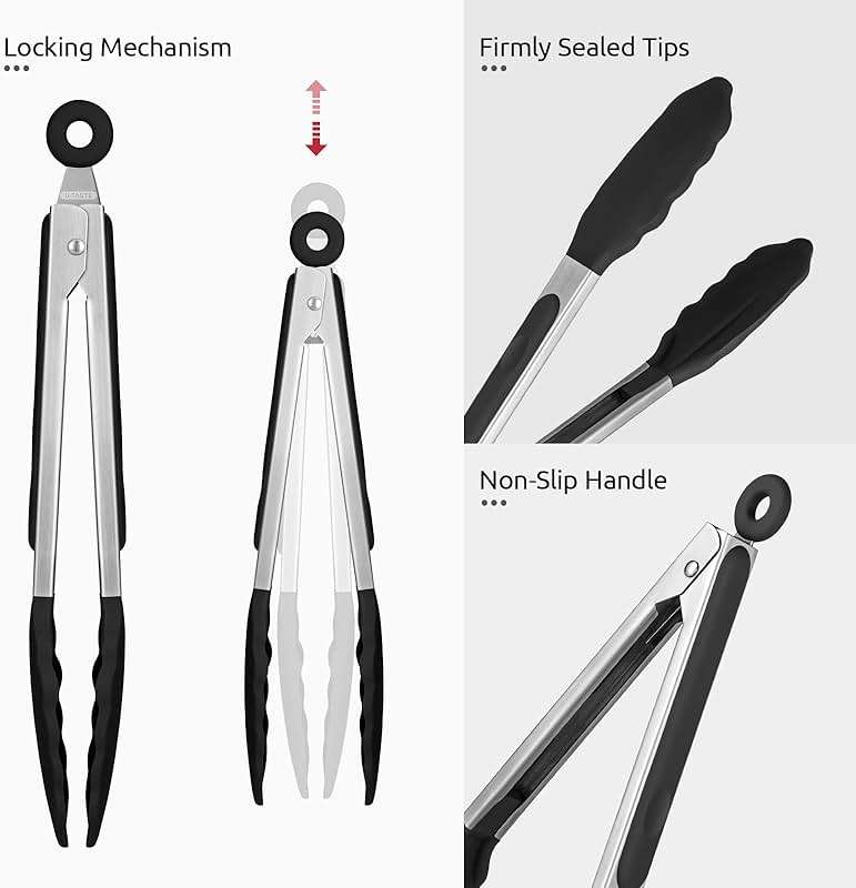 600ºF Heat Resistant Kitchen Tongs: U-Taste 9 inch Silicone Cooking Tong with Firm Sealed Non Stick Rubber Tips & Silicon Coated 18/8 Stainless Steel Handle & Smooth Locking for Serving Salad (Black) - Image 6