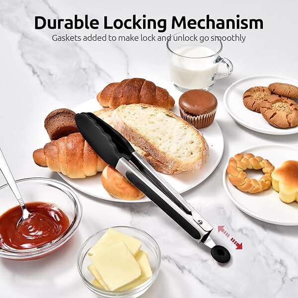 600ºF Heat Resistant Kitchen Tongs: U-Taste 9 inch Silicone Cooking Tong with Firm Sealed Non Stick Rubber Tips & Silicon Coated 18/8 Stainless Steel Handle & Smooth Locking for Serving Salad (Black) - Image 7