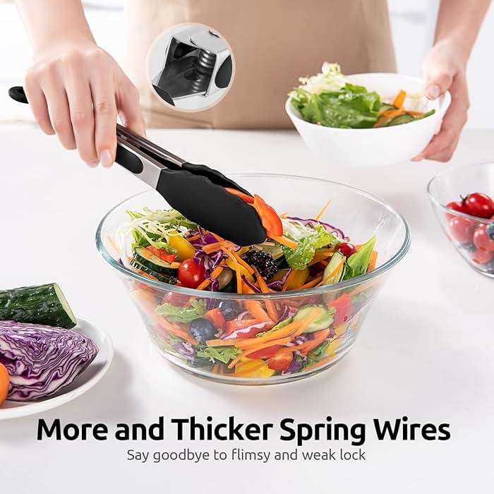 600ºF Heat Resistant Kitchen Tongs: U-Taste 9 inch Silicone Cooking Tong with Firm Sealed Non Stick Rubber Tips & Silicon Coated 18/8 Stainless Steel Handle & Smooth Locking for Serving Salad (Black) - Image 8